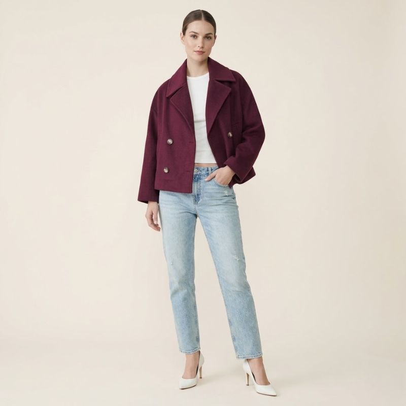 Short women's wool blend coat featuring double-breasted front closure and long sleeves