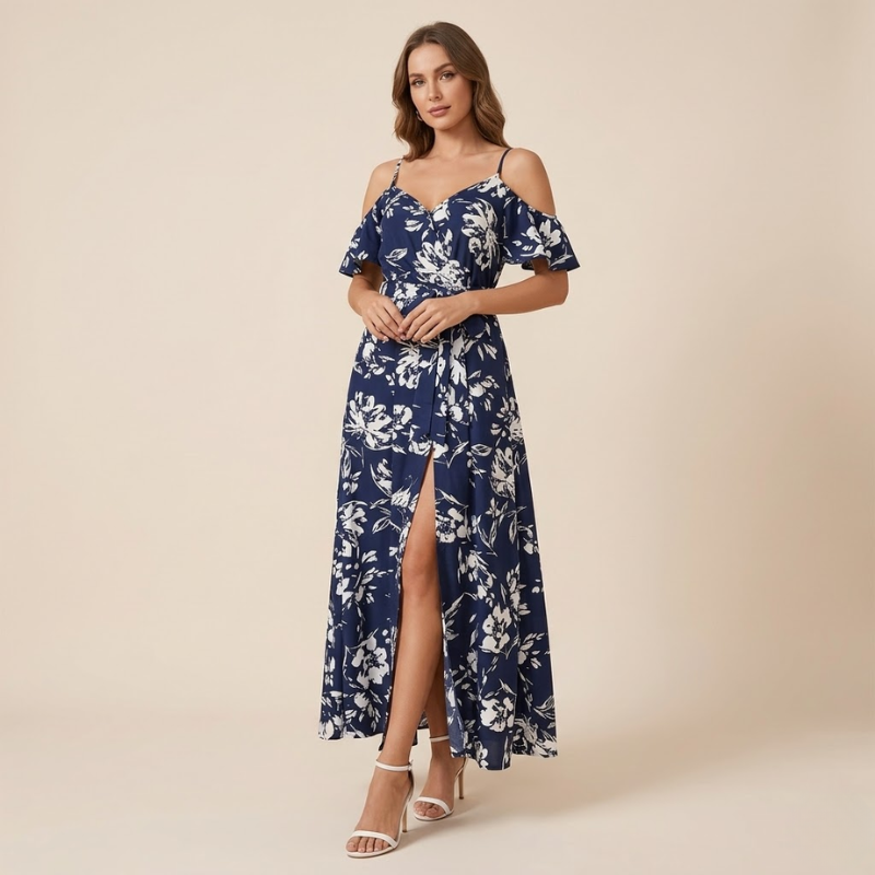 Women's floral maxi dress with adjustable cold-shoulder straps, V-neckline, and front slit