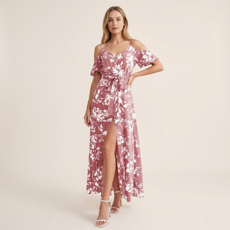 Women's floral wrap-style maxi dress with open shoulders and draped panel construction