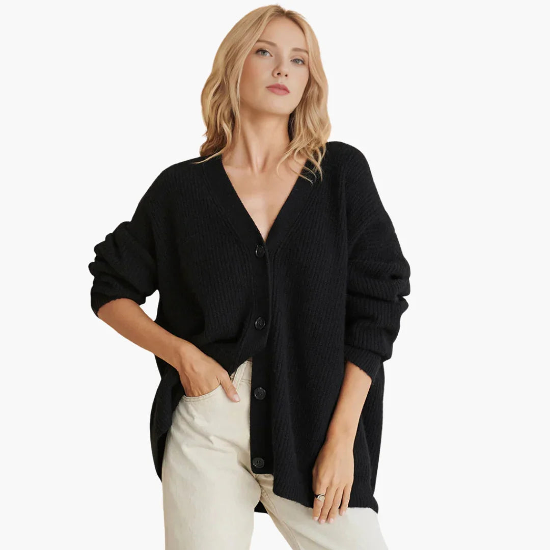Women's rib-knit V-neck cardigan with long sleeves and front button closure