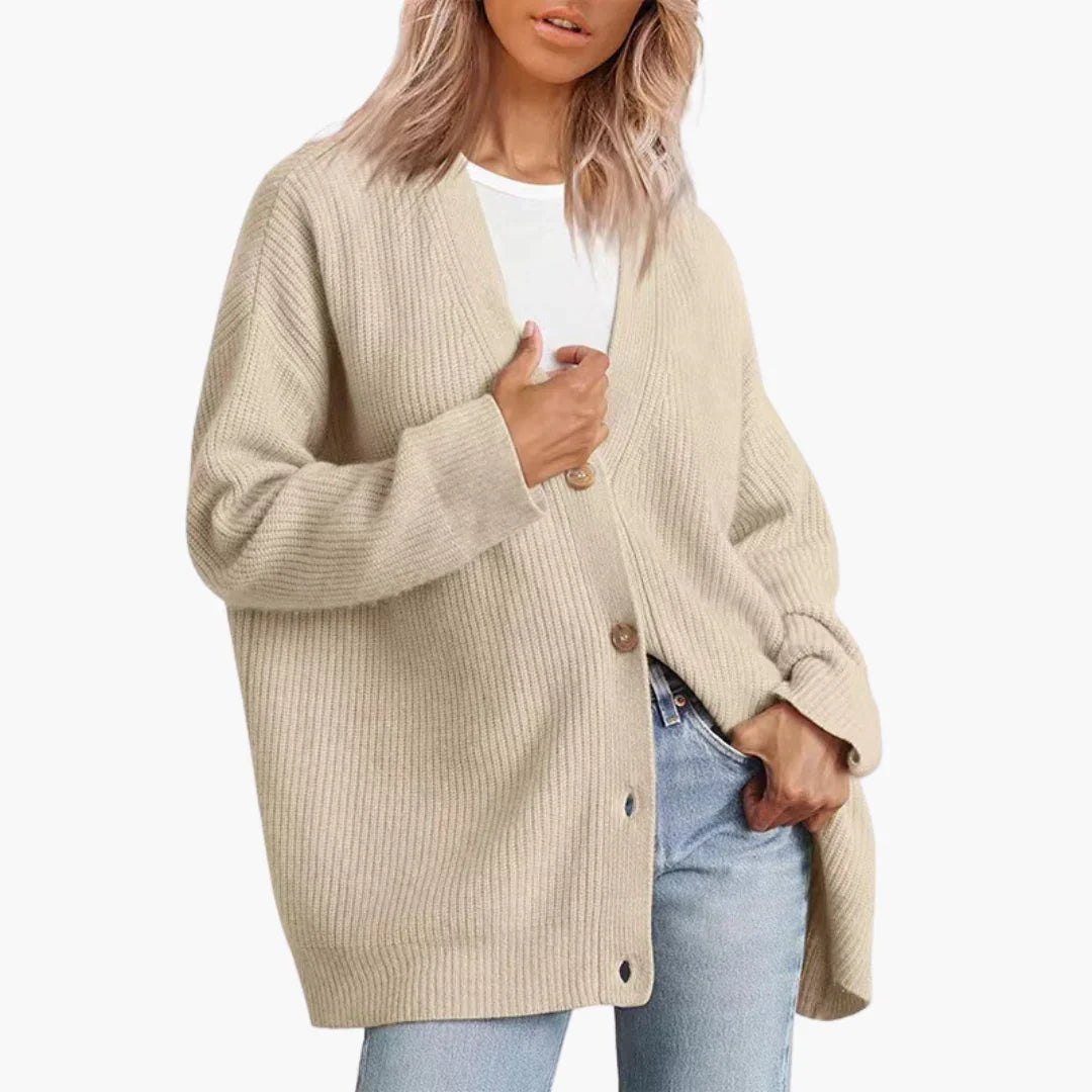 Rib-knit women's cardigan with V-neck, long sleeves, and straight ribbed hem
