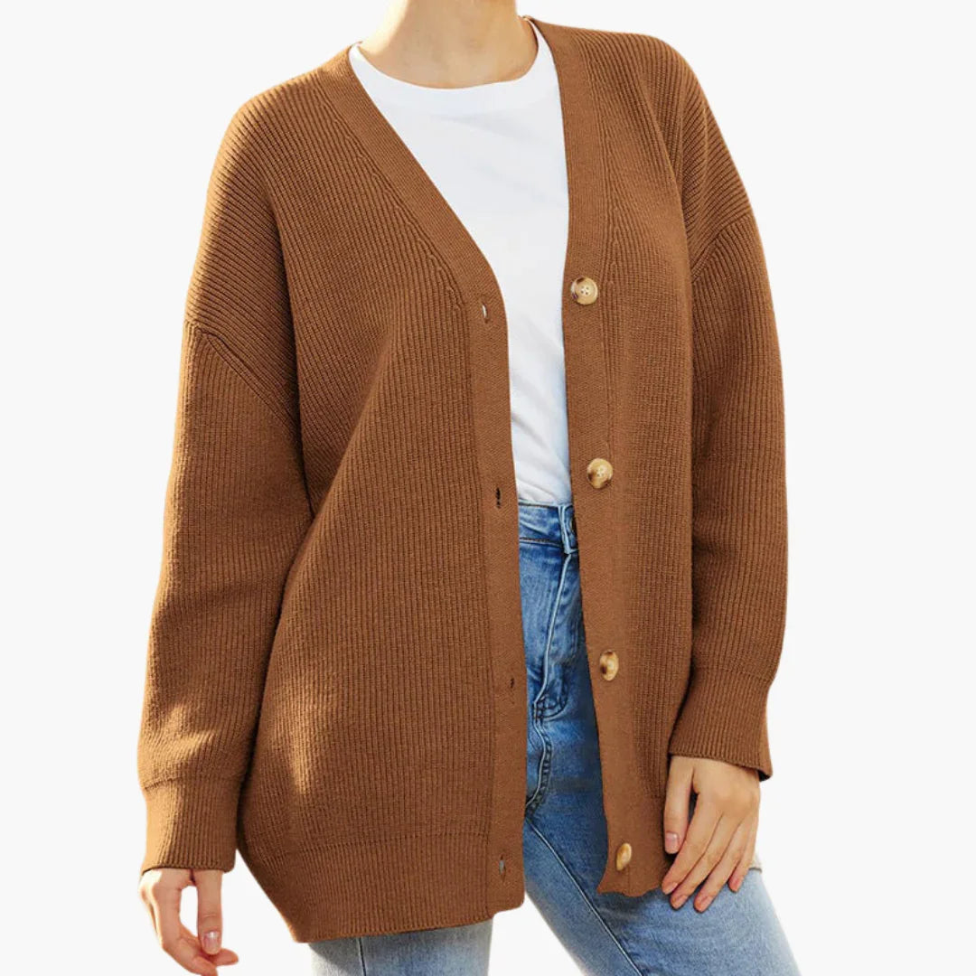Women's relaxed-fit rib-knit cardigan with V-neck and front button closure