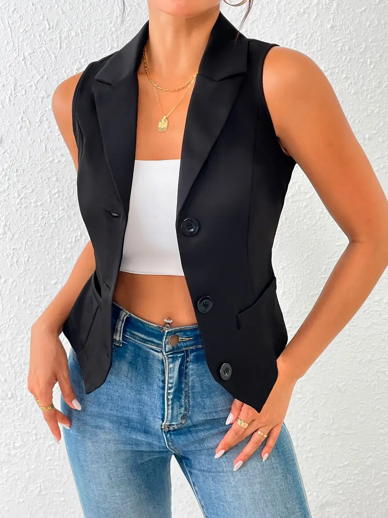 Hip-length women's tailored vest with lapel collar and fitted silhouette