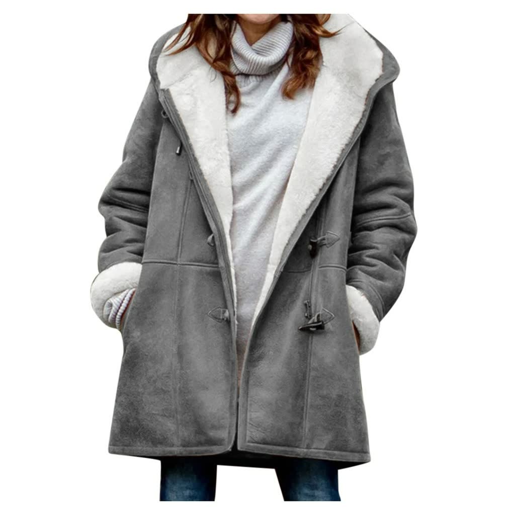 Women's mid-length outerwear jacket with woven outer fabric and lined open collar