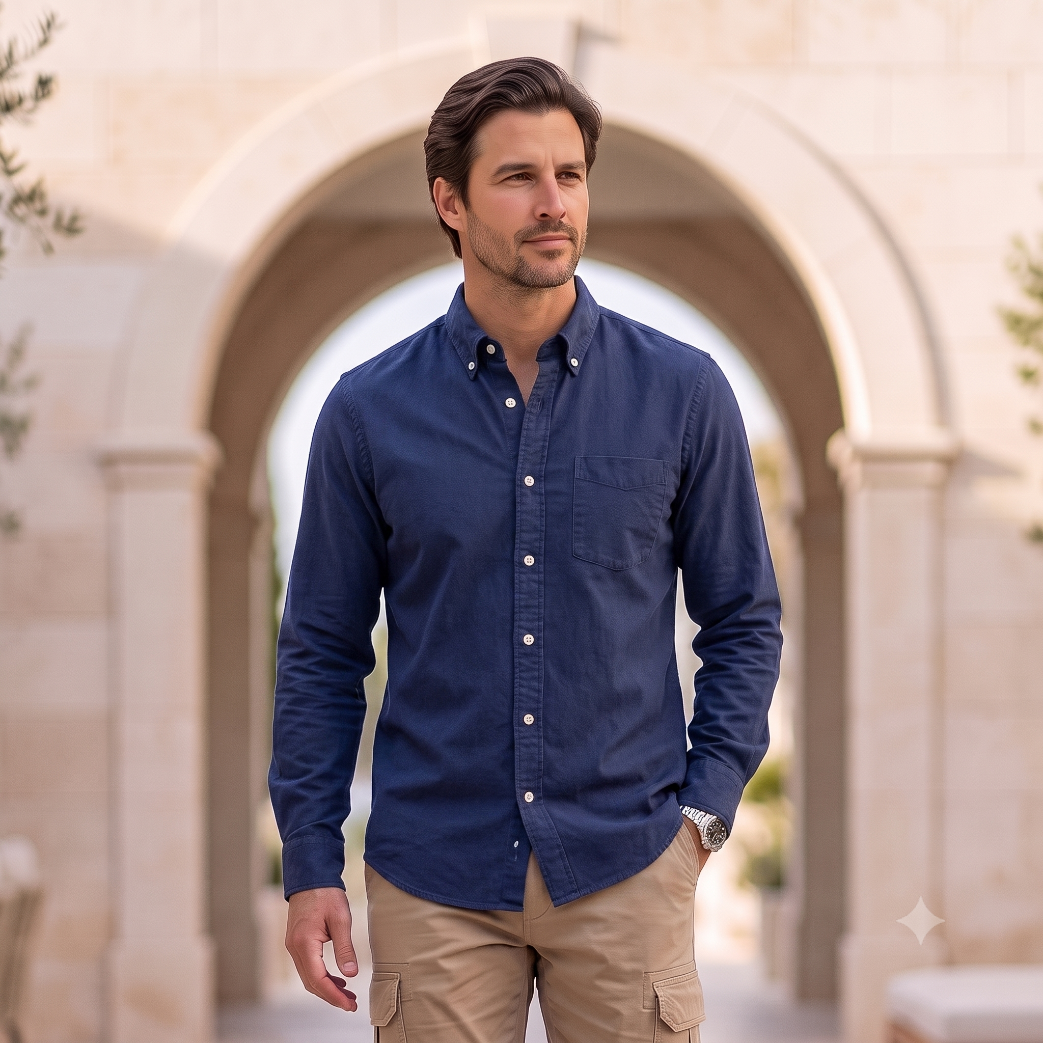 Men's button-up denim shirt with classic collar, long sleeves, and a chest pocket