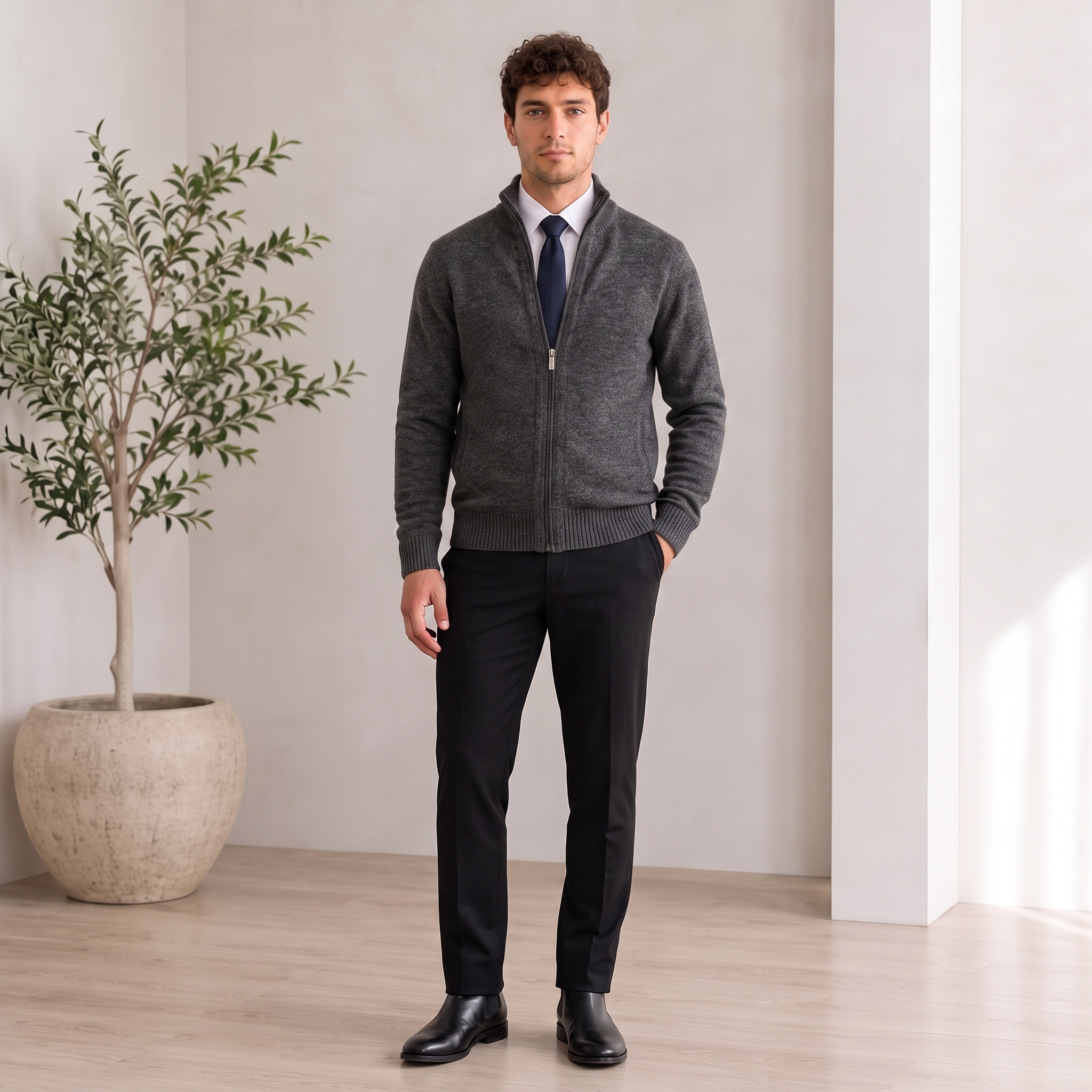 Textured Knit Jacket Zip Front Men