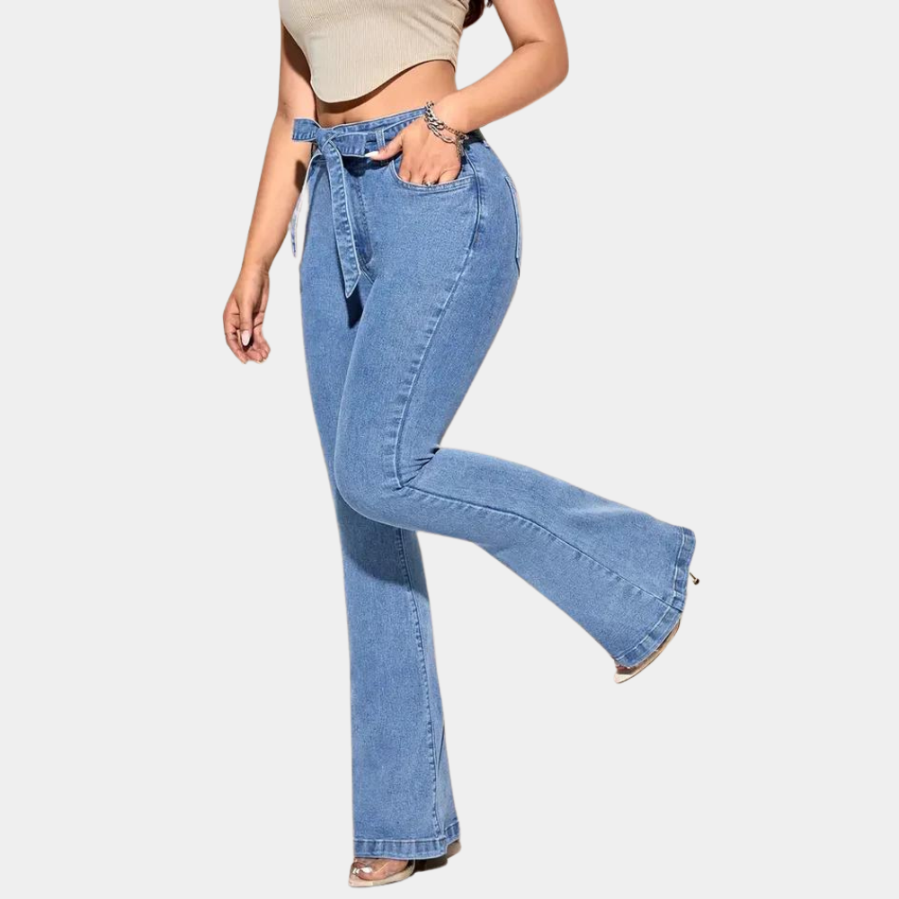 Women's full-length flared denim jeans with back pockets and structured denim fabric