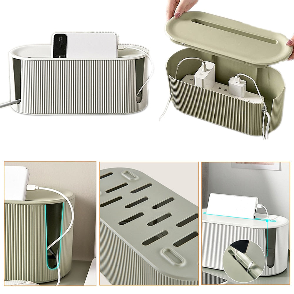 Plastic cable management box showing interior space for power adapters and cables