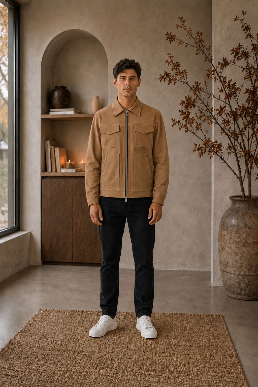 Men's brown fur-lined zip jacket with multiple pockets