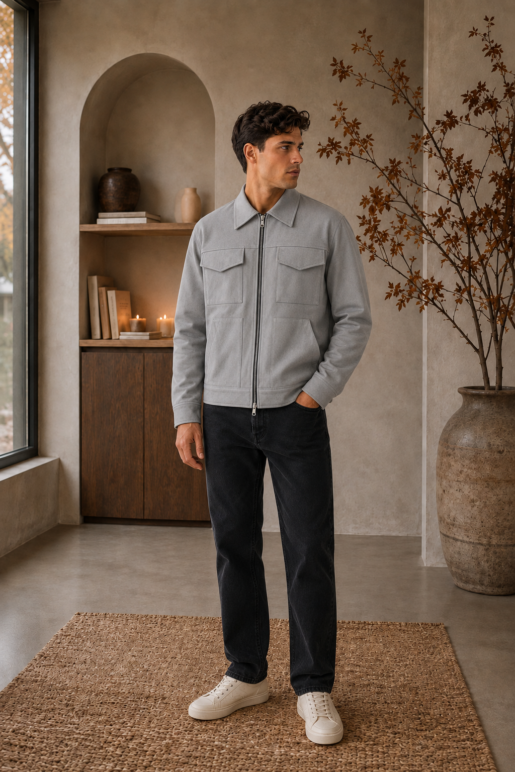 Men's grey full-zip jacket with collar and pockets