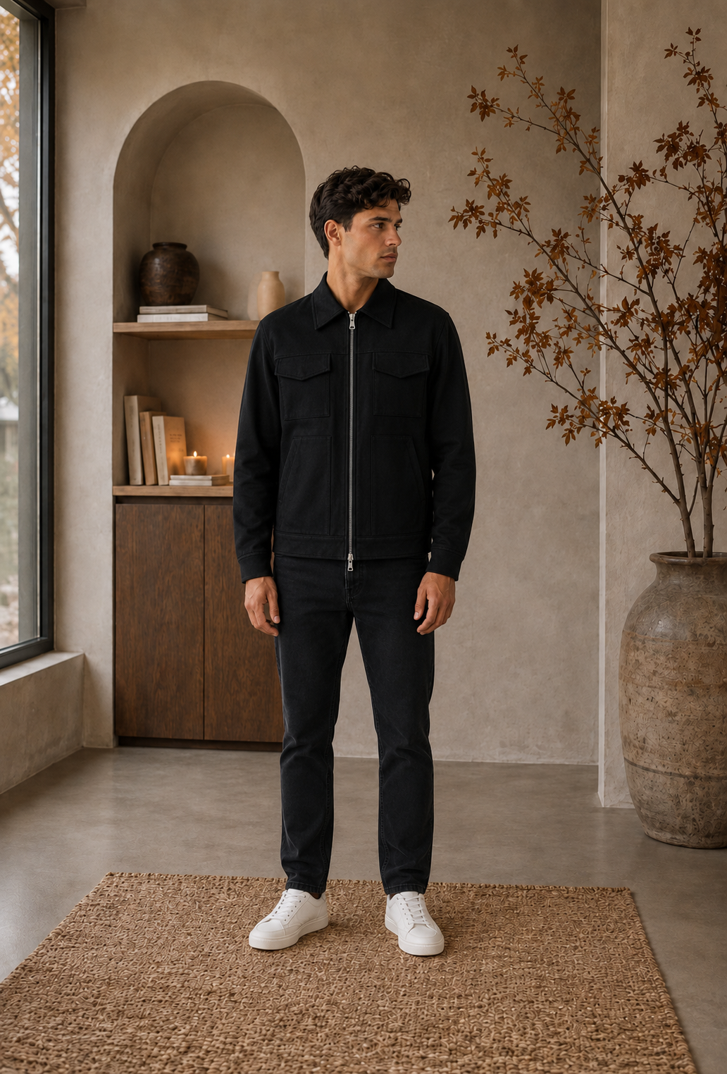 Man wearing black full-zip jacket with pockets