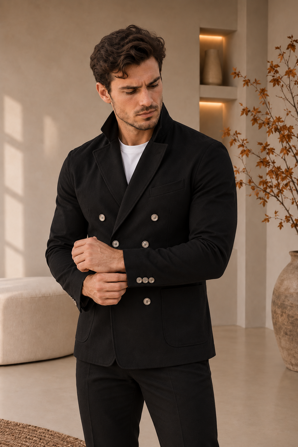 Men's black blazer double breasted button detail