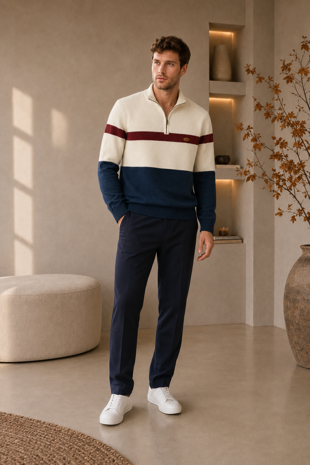 Man wearing Elston Heritage navy white quarter-zip sweater