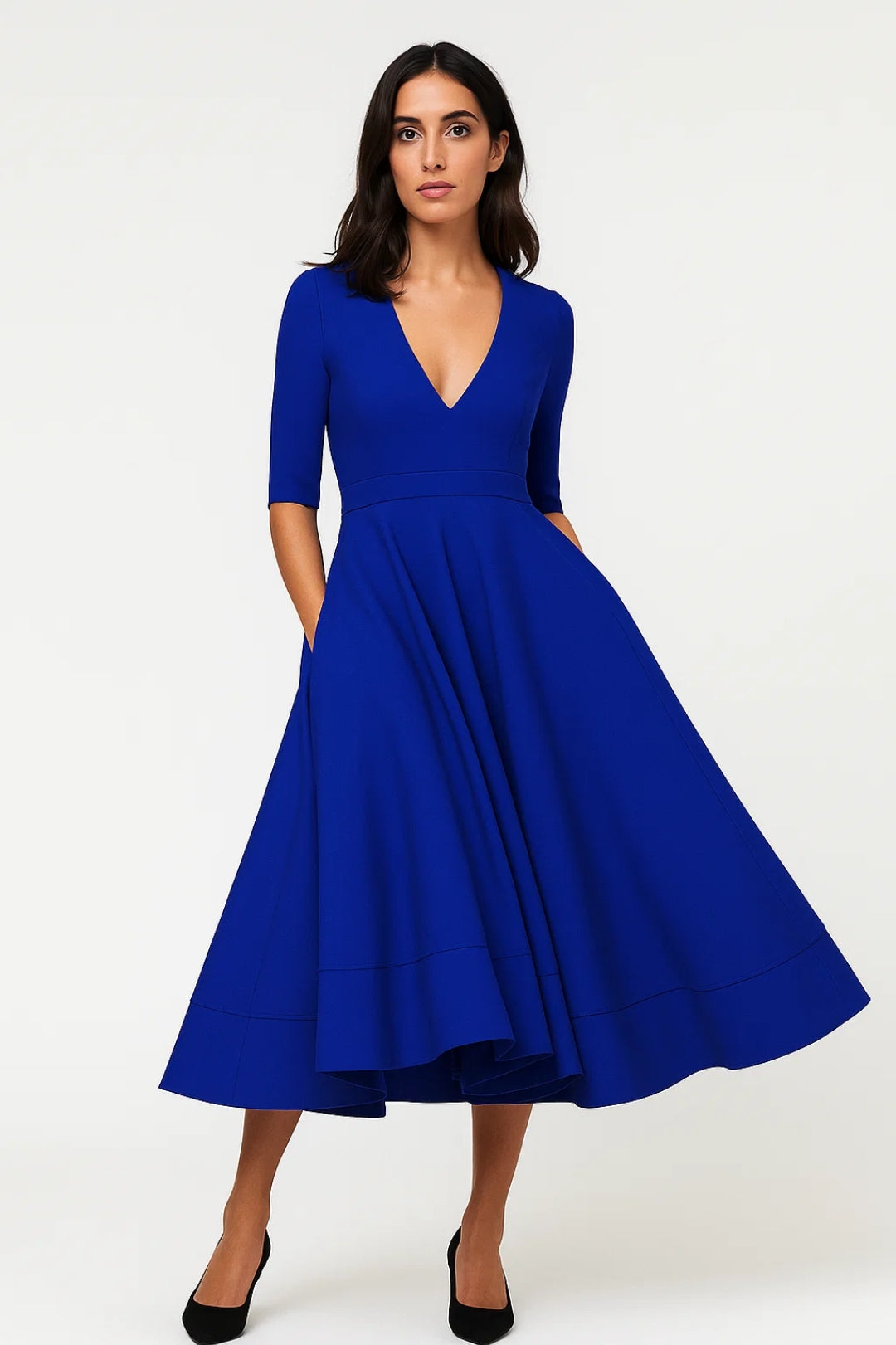 Women's flared midi dress with V-neck, three-quarter sleeves, and midi-length flared skirt
