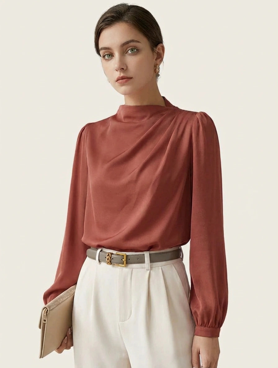Women's high-neck blouse with draped front detail and elastic cuffs