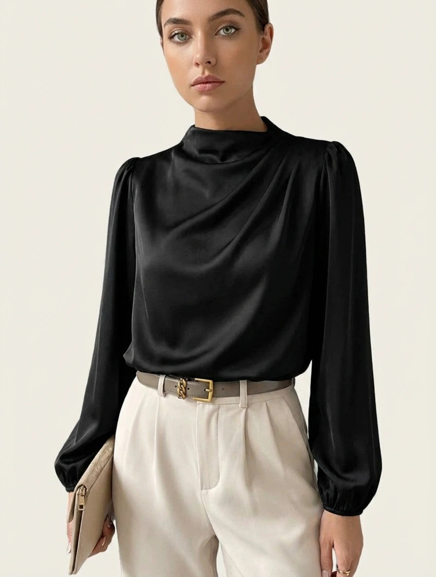 Women's pull-on blouse with high neck, draped front, and straight hem