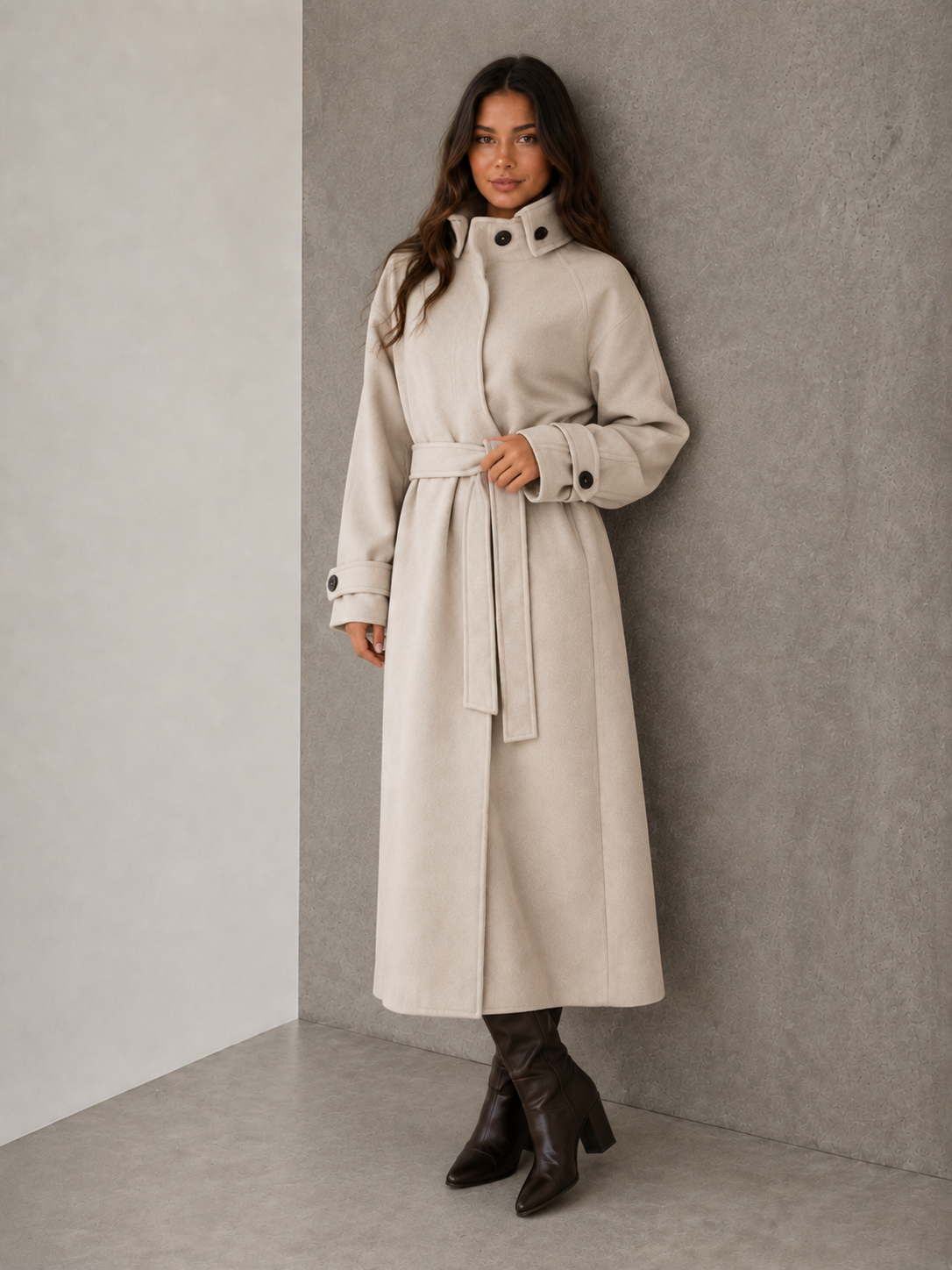Women's beige long coat with turn-down collar