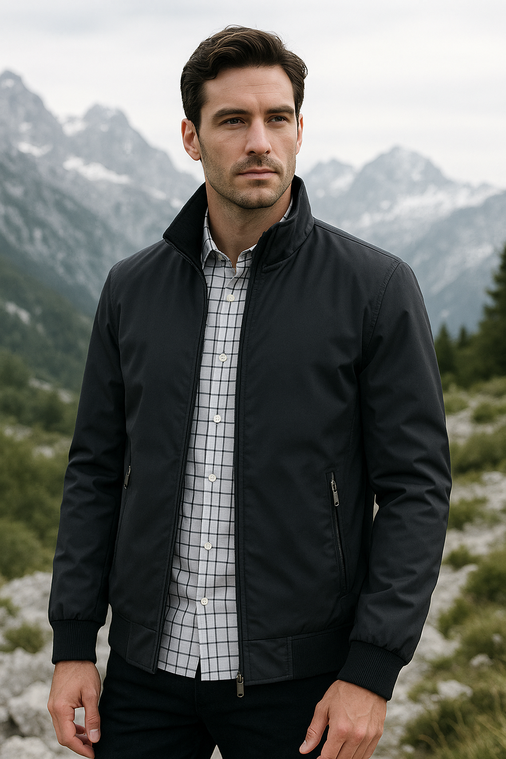 Men's lightweight woven jacket with front zipper closure and straight hem