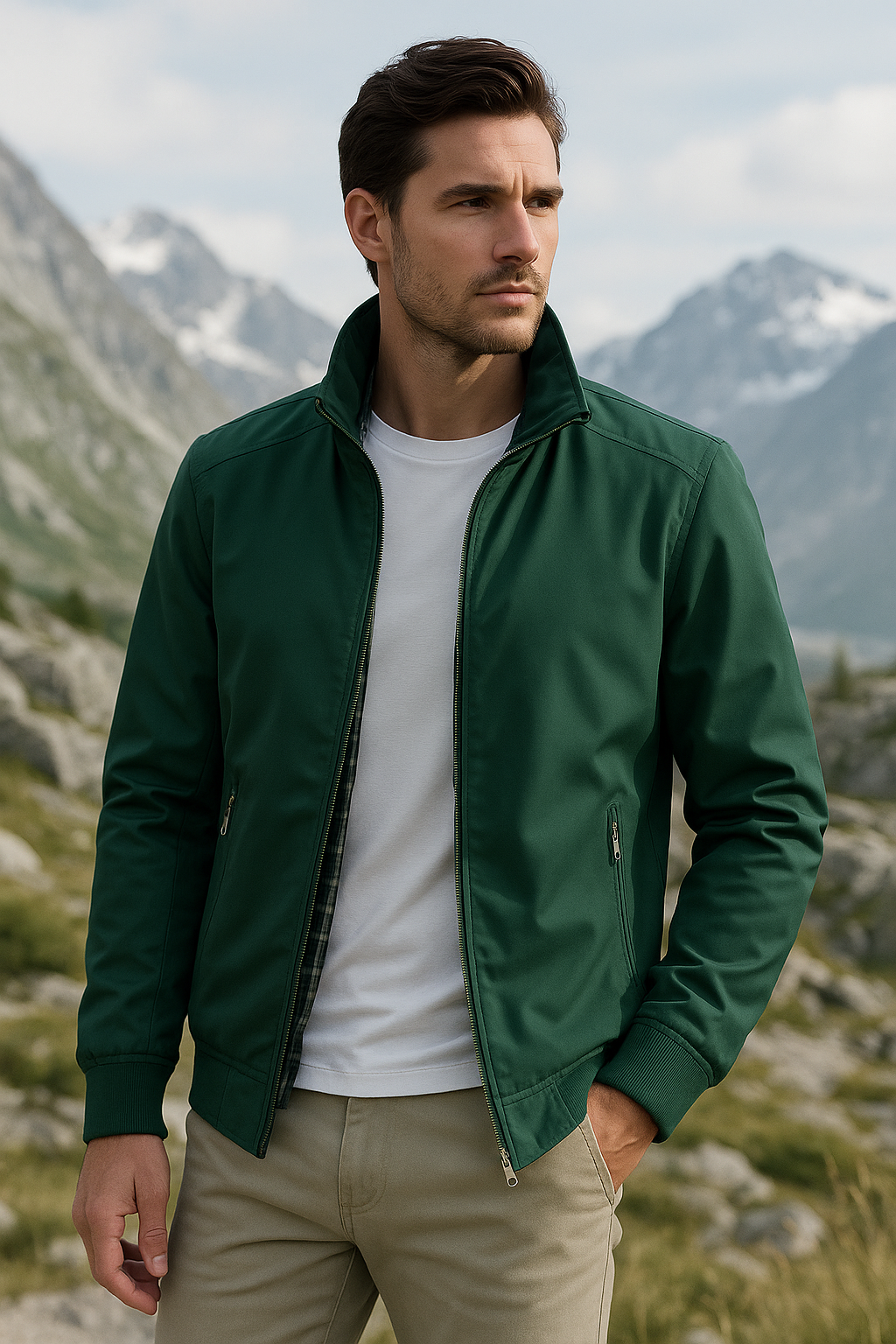 Men's zip-up lightweight jacket with long sleeves and clean panel seams