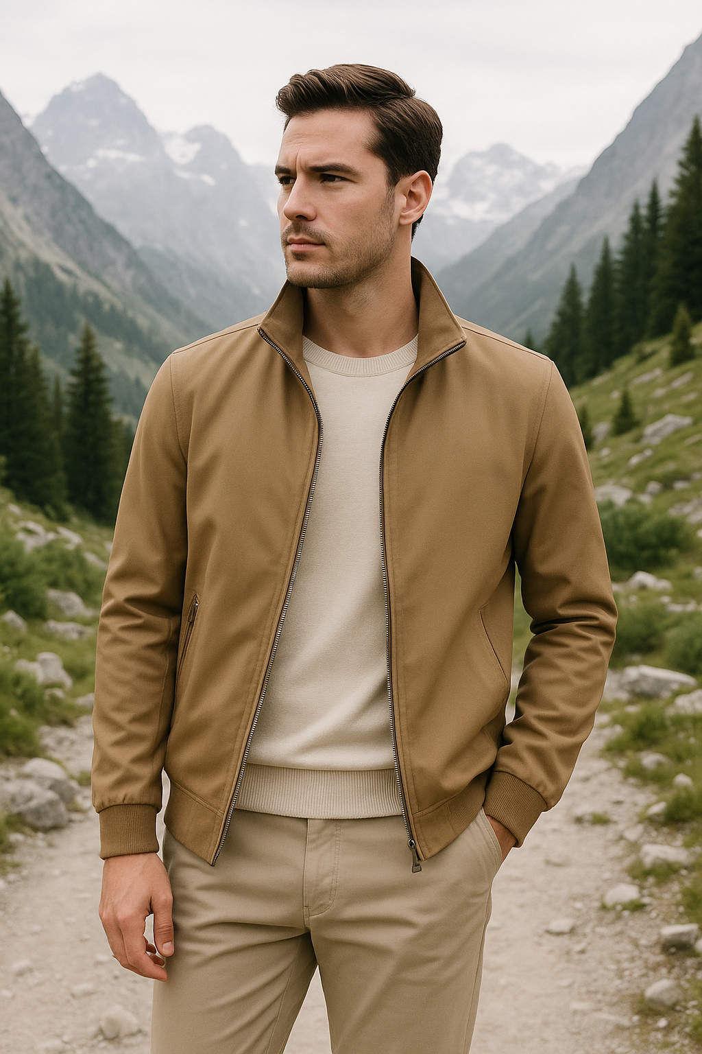 Men's casual outer jacket with zippered side pockets and elastic cuffs