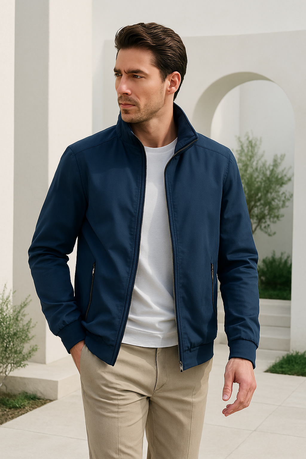 Men's lightweight spring and autumn jacket with stand-up collar and front zipper