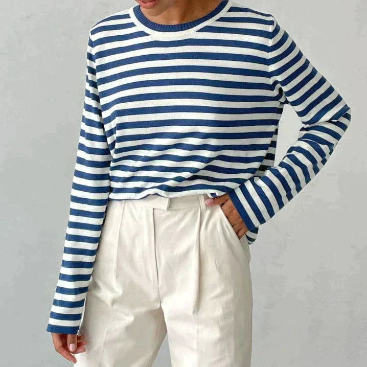 Striped long-sleeved knit top for women with standard length