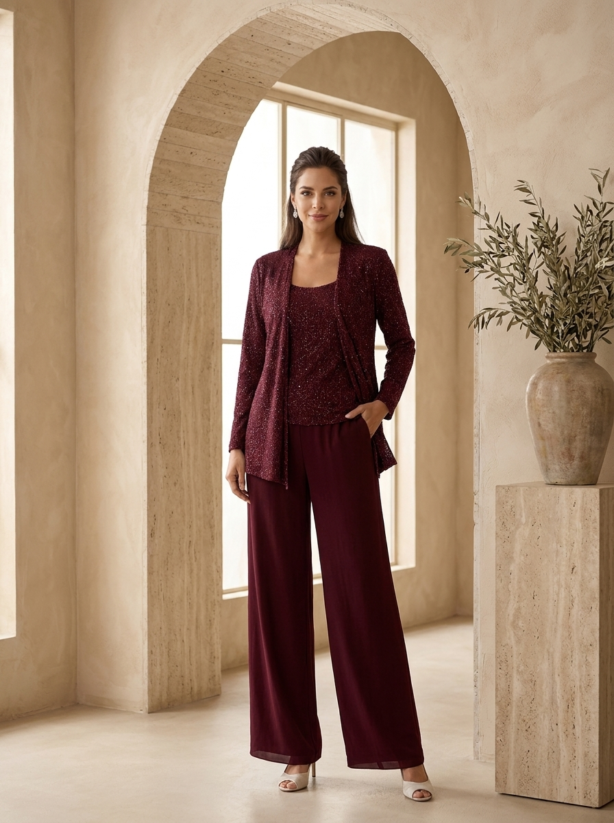 Burgundy women's 3-piece set with wide leg trousers