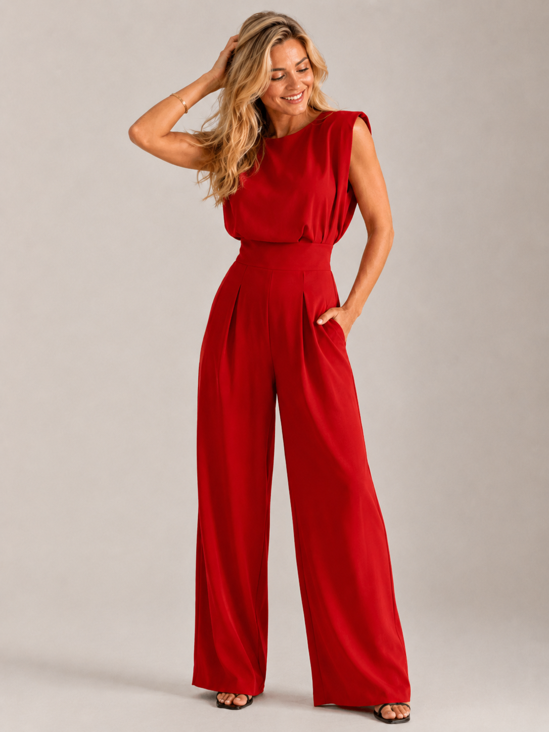 Full-length sleeveless jumpsuit front view