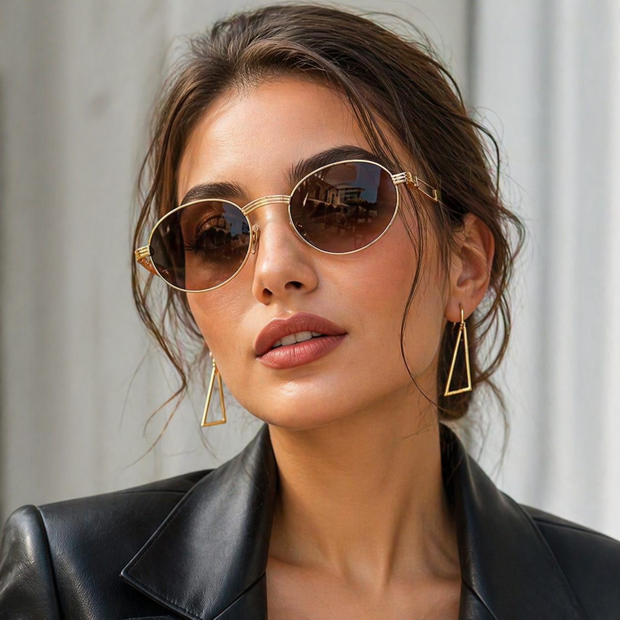 Angled view of round frame sunglasses