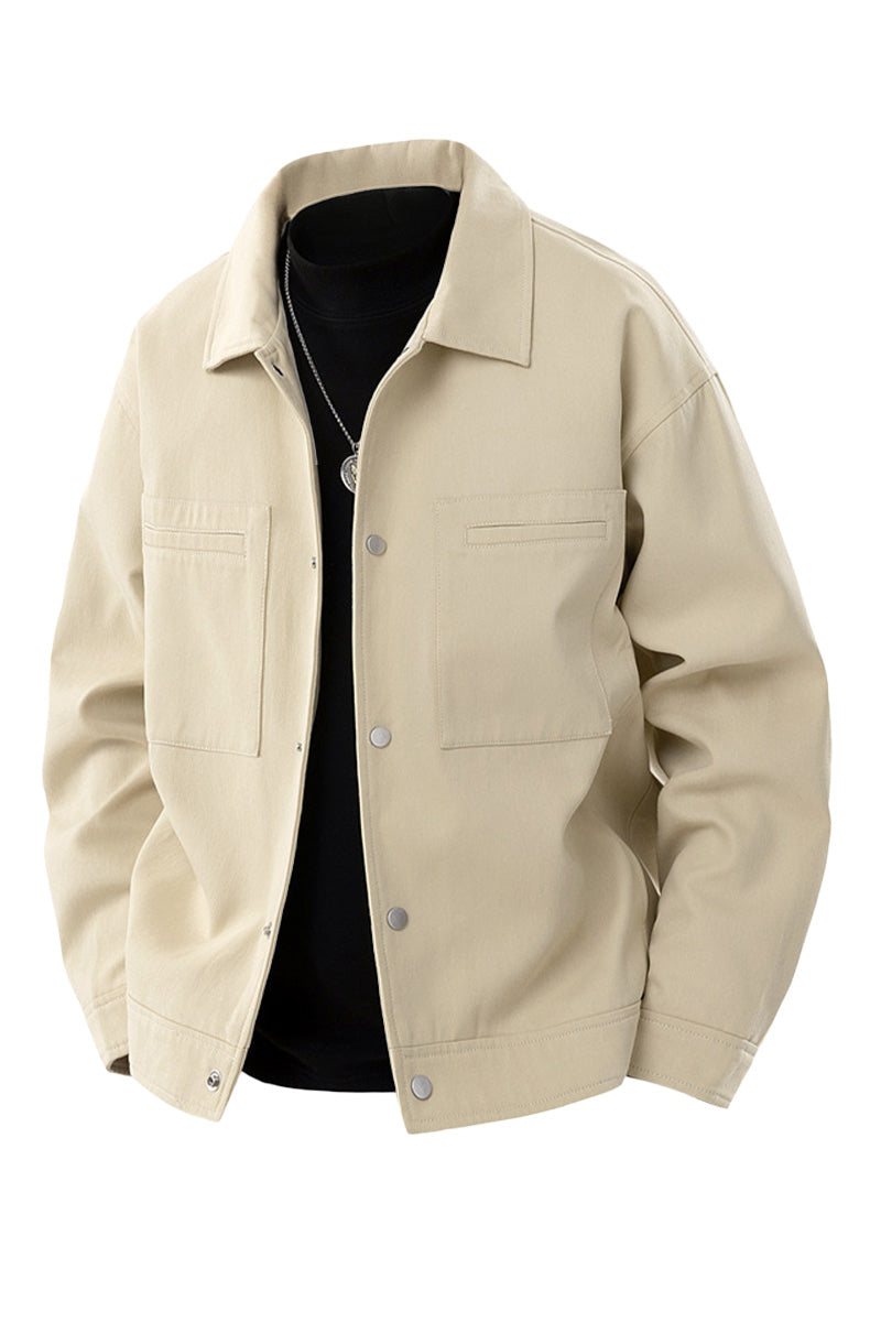 Men's utility jacket with snap button front closure and classic collar