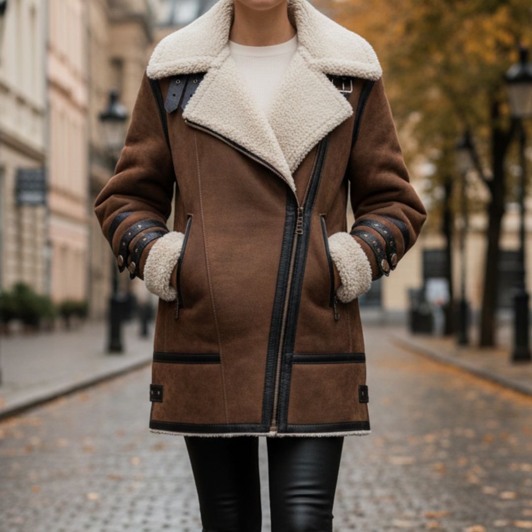 Vinterjacka med fuskpäls och motorcykelstil för dam