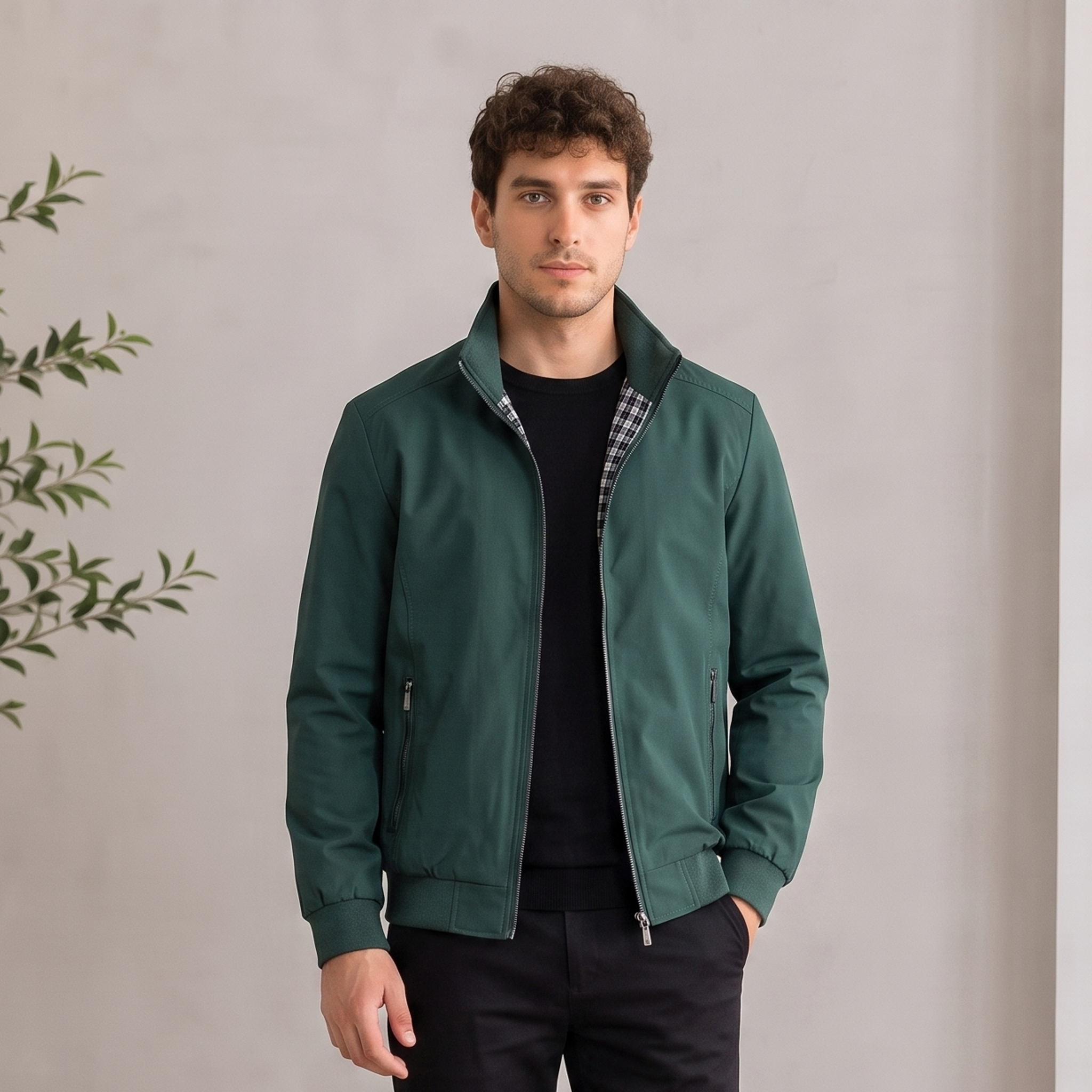 Woven men's jacket with zip closure and side pockets in regular fit