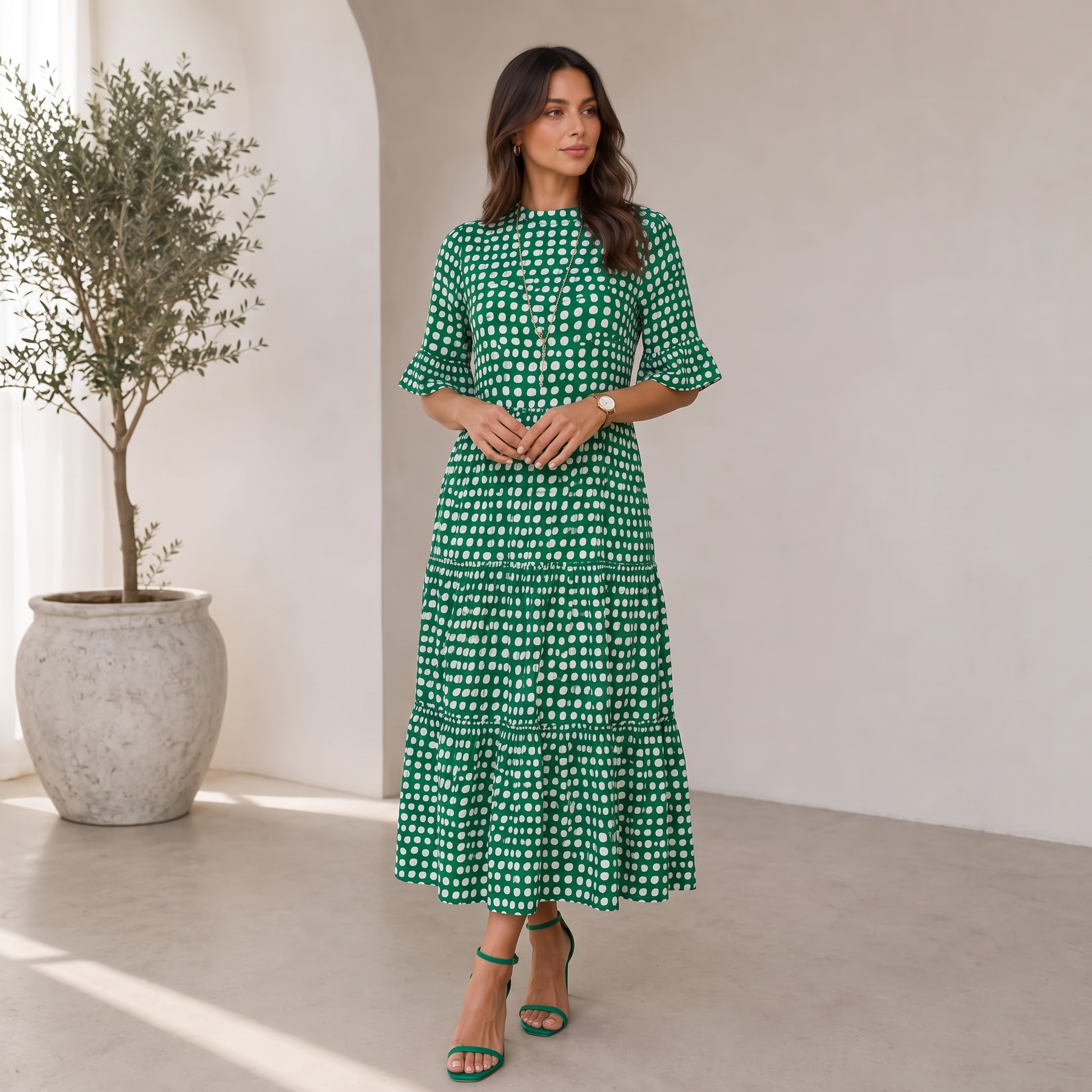 Women's spring polka dot midi dress with layered ruffle hem and round neckline