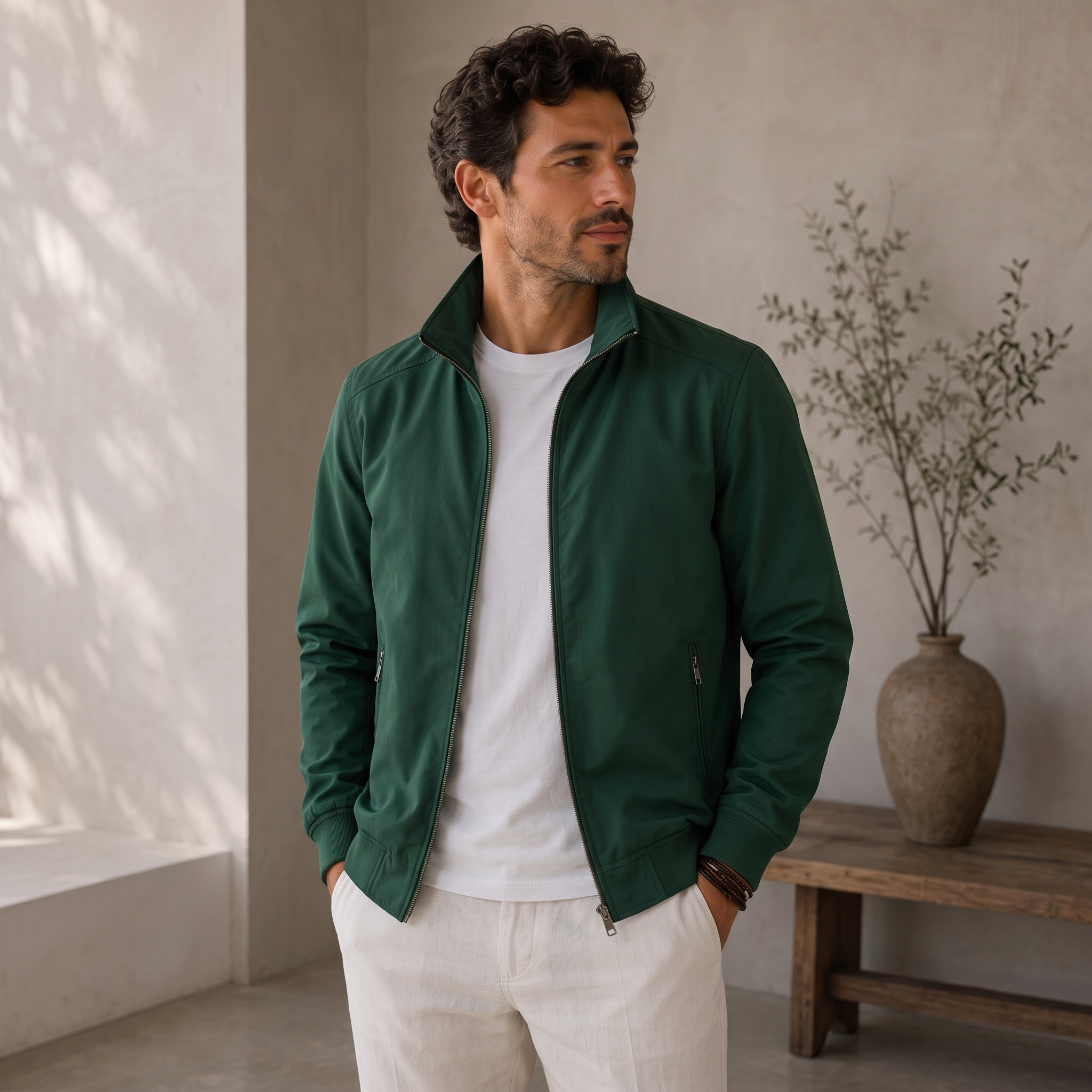 Men's zip-up lightweight jacket with long sleeves and clean panel seams