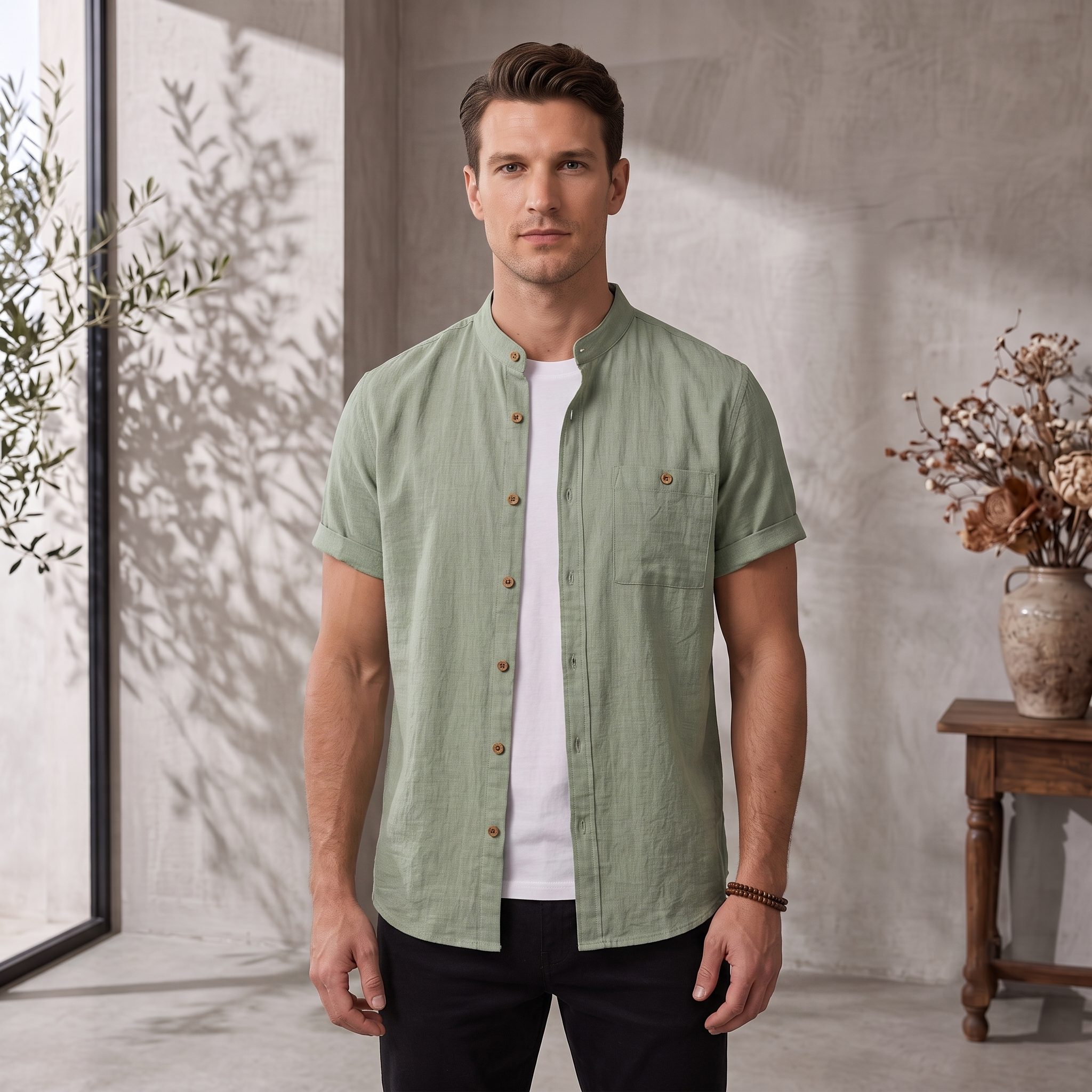 Short-sleeved men's shirt with front button closure and stand collar