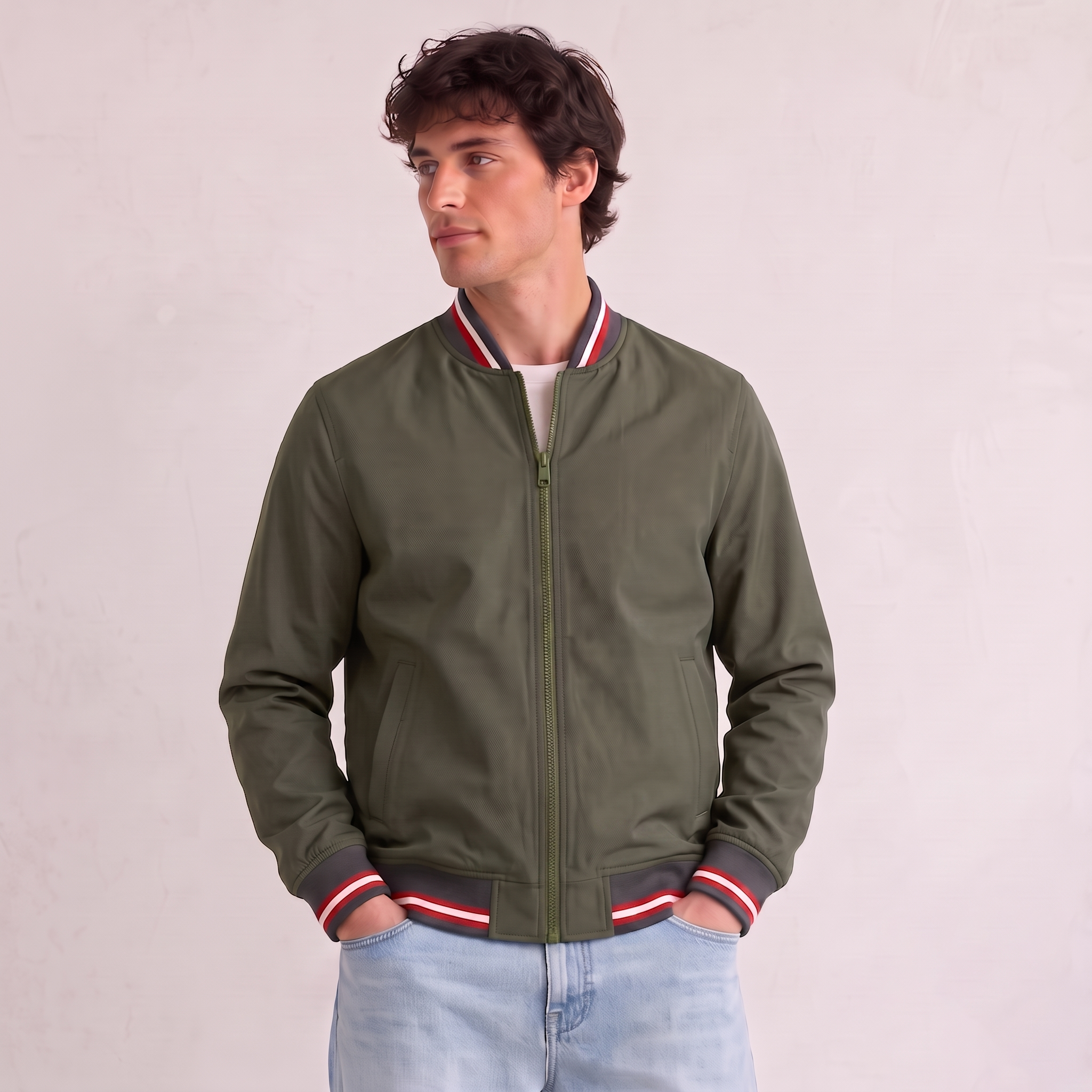 Men's sporty bomber jacket with ribbed hem, striped details, and side pockets