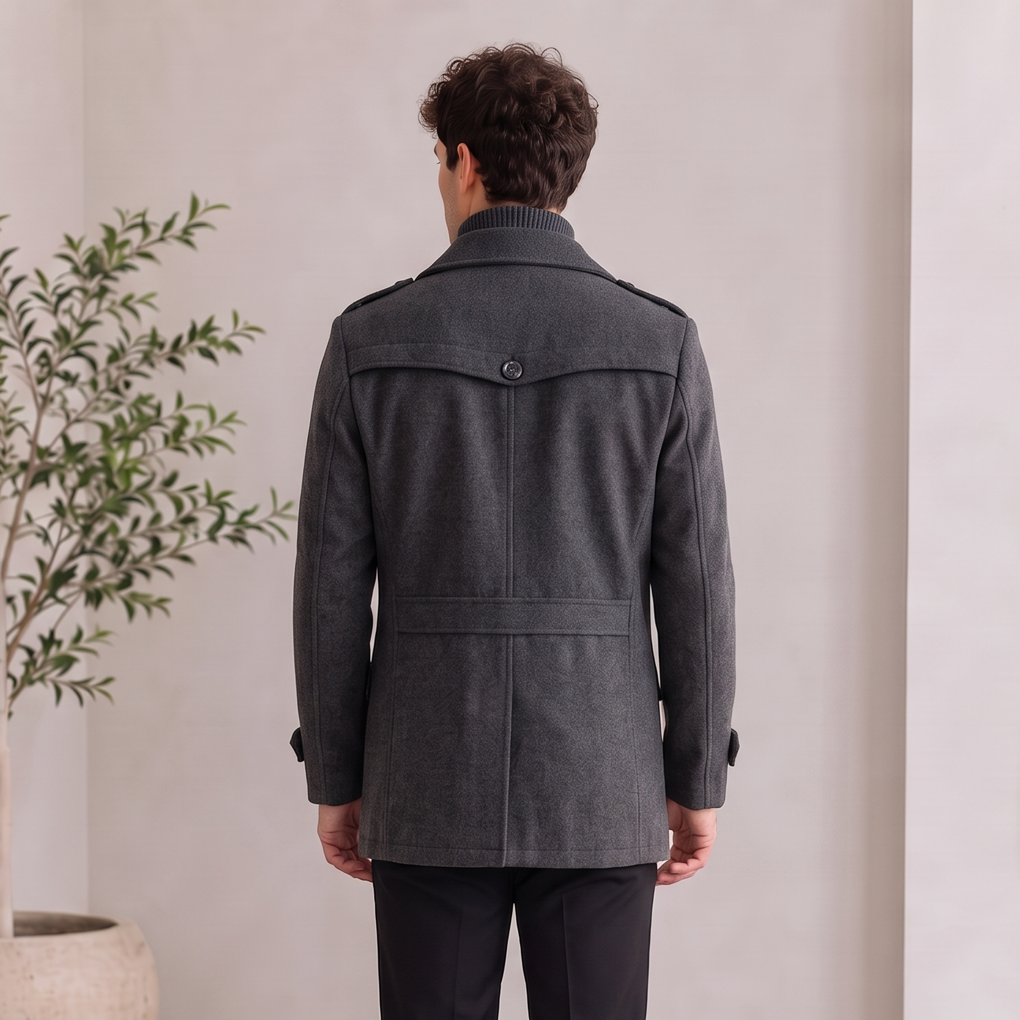 Men's tailored wool blend coat with stand-up inner collar and front buttoning