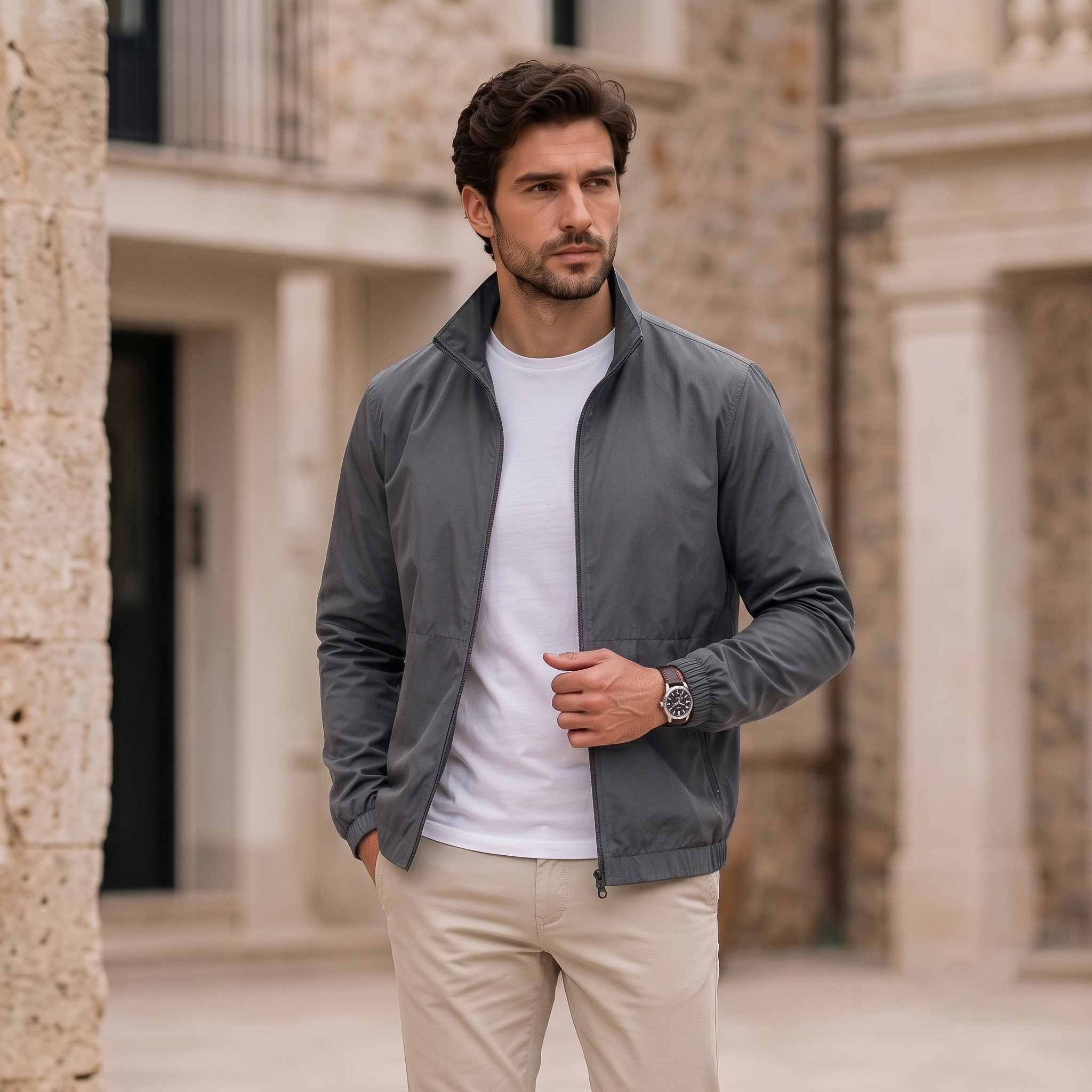 Lightweight men's jacket with front zipper, straight hem, and hip-length cut