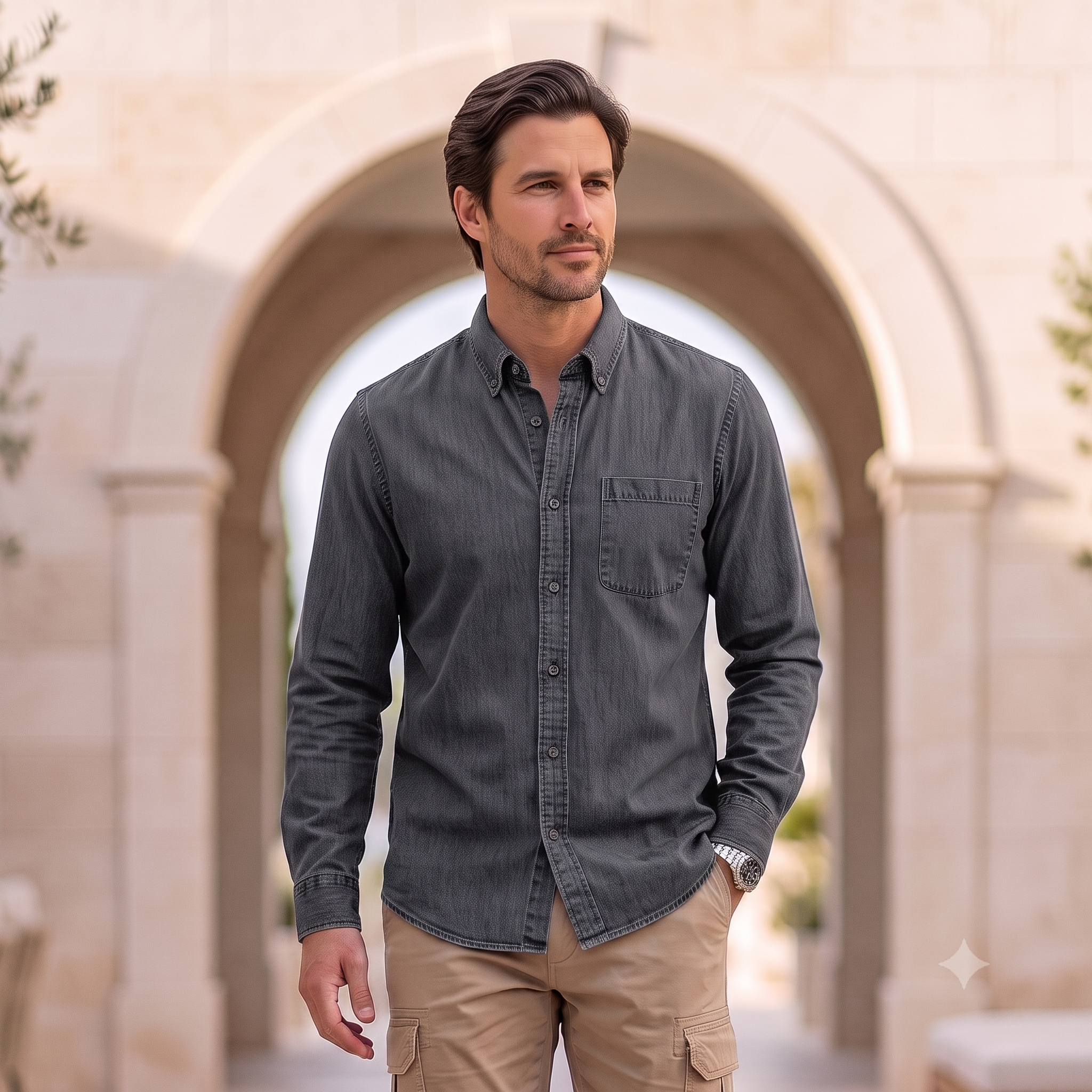Men's denim shirt with a classic collar, front button closure, and clean seam construction