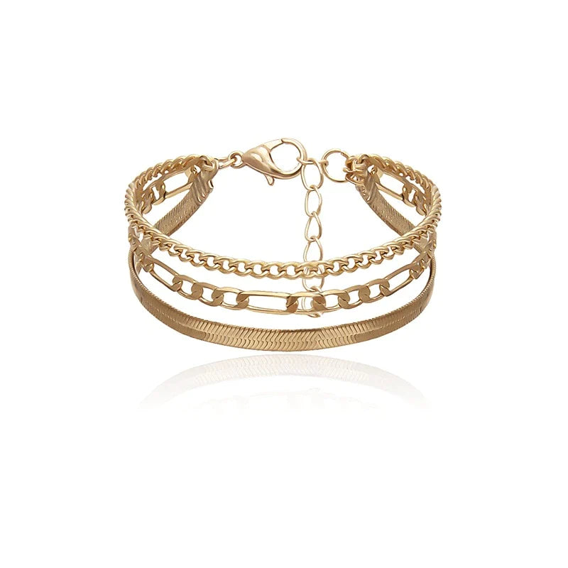 Metal alloy arm cuff with open design and stacked chain layers