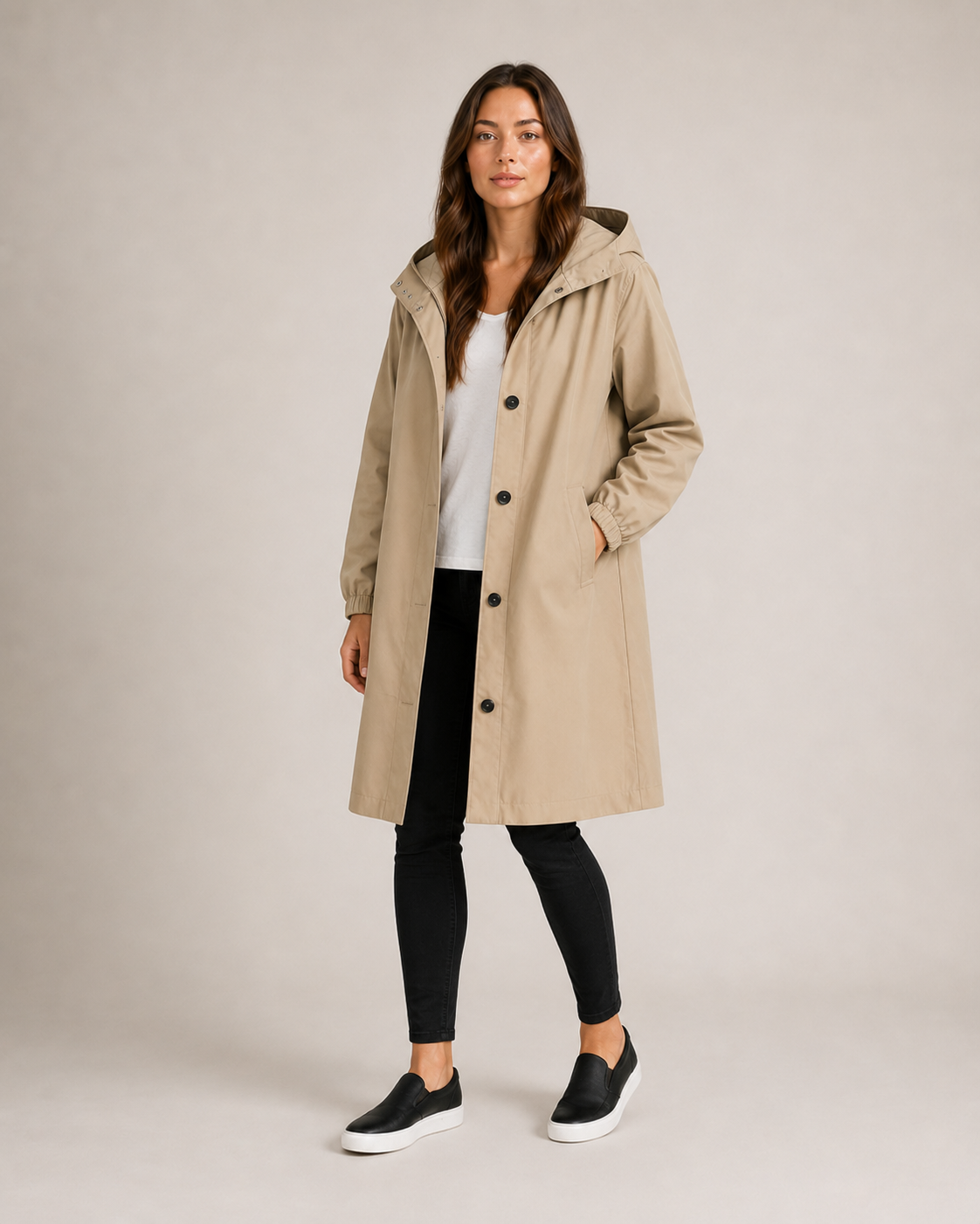 Lightweight mid-length khaki raincoat women front view