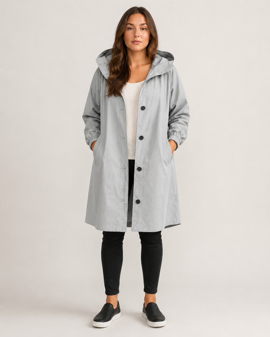 Gray lightweight hooded raincoat women front view