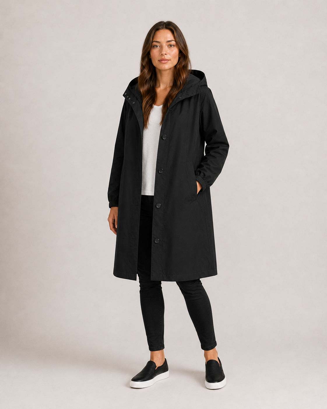 Black mid-length raincoat women front view