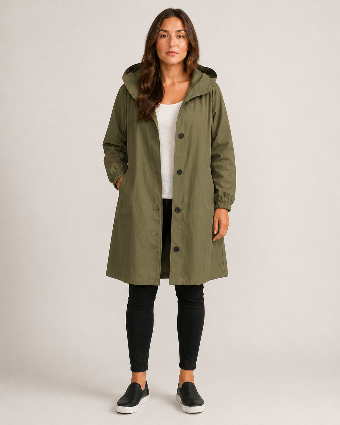 Army green mid-length raincoat women front view