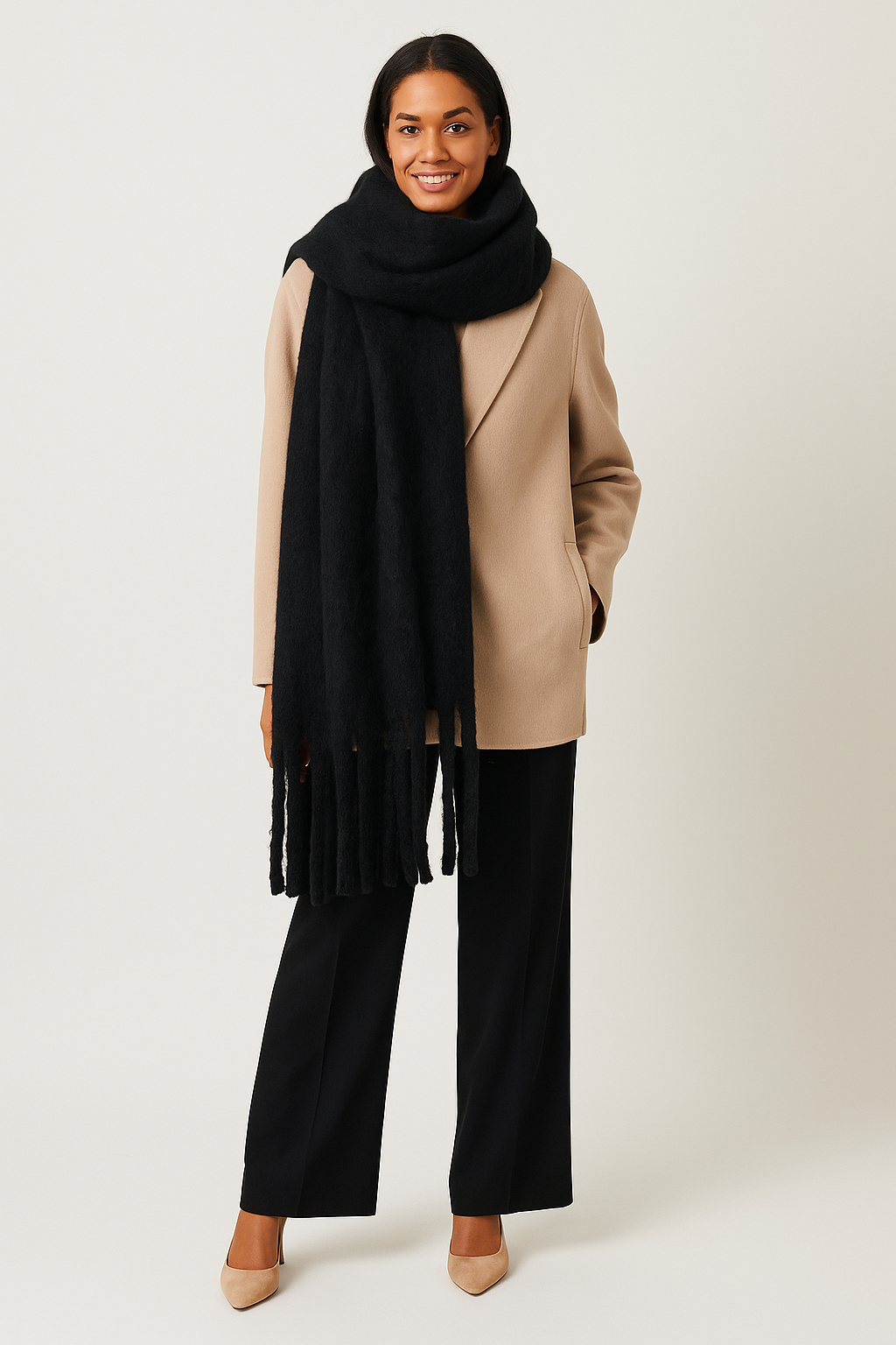 Mjuk tyghalsduk med fransdetaljer lång modell kvinna