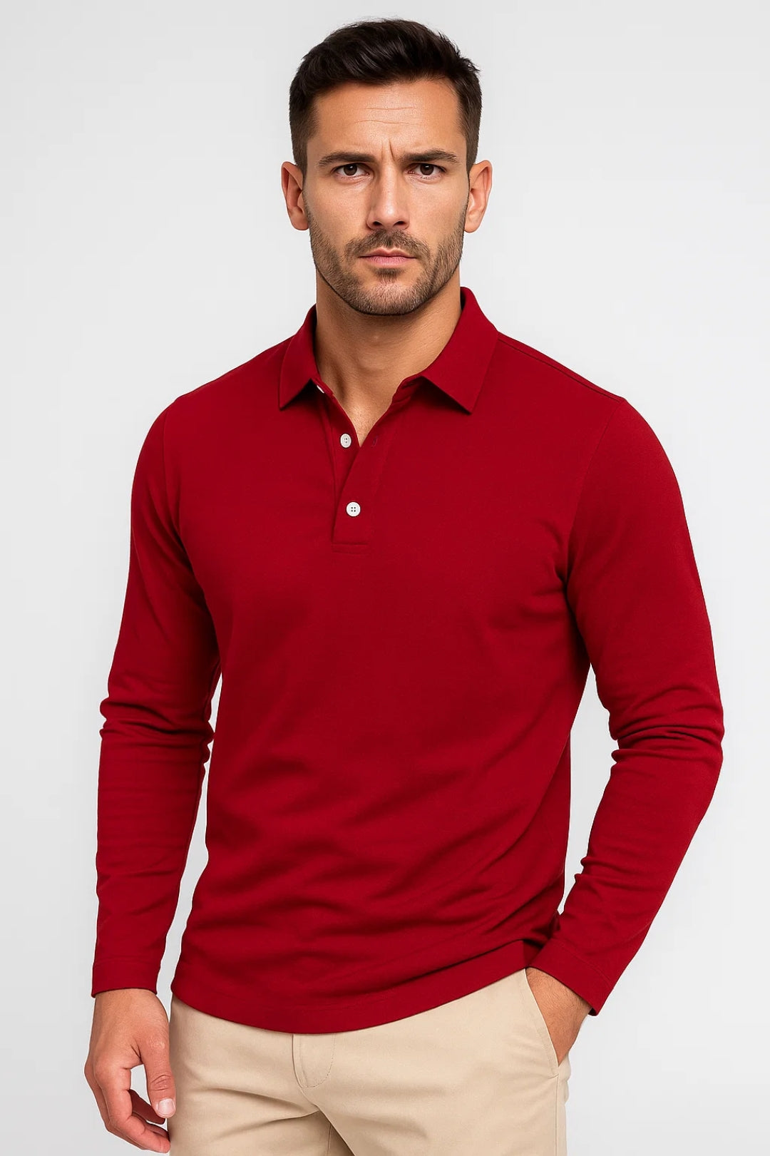Men's polo shirt featuring a classic polo collar and long sleeves