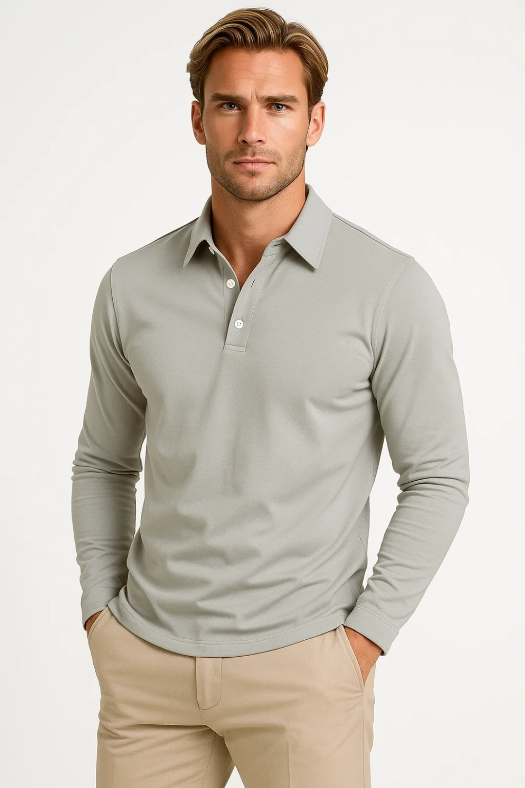 Men's long-sleeved polo shirt with clean seams and regular fit construction