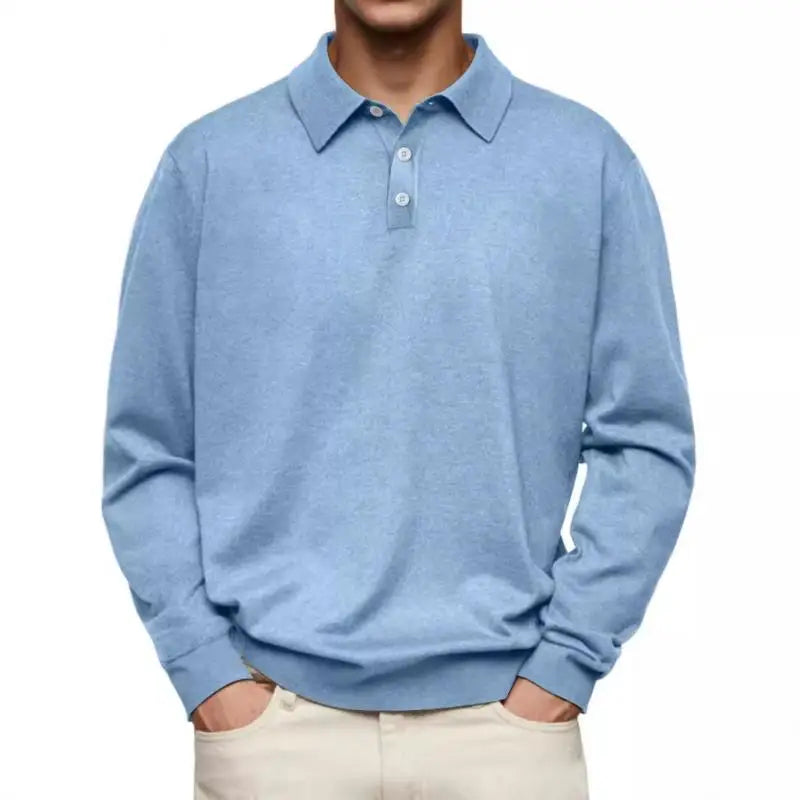 Men's fine-knit polo sweater with polo collar and long sleeves, worn casually