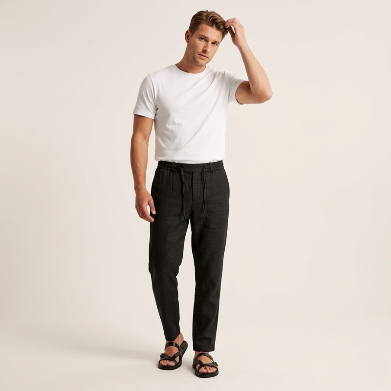 Men's tapered drawstring pants with elastic waist and side pockets