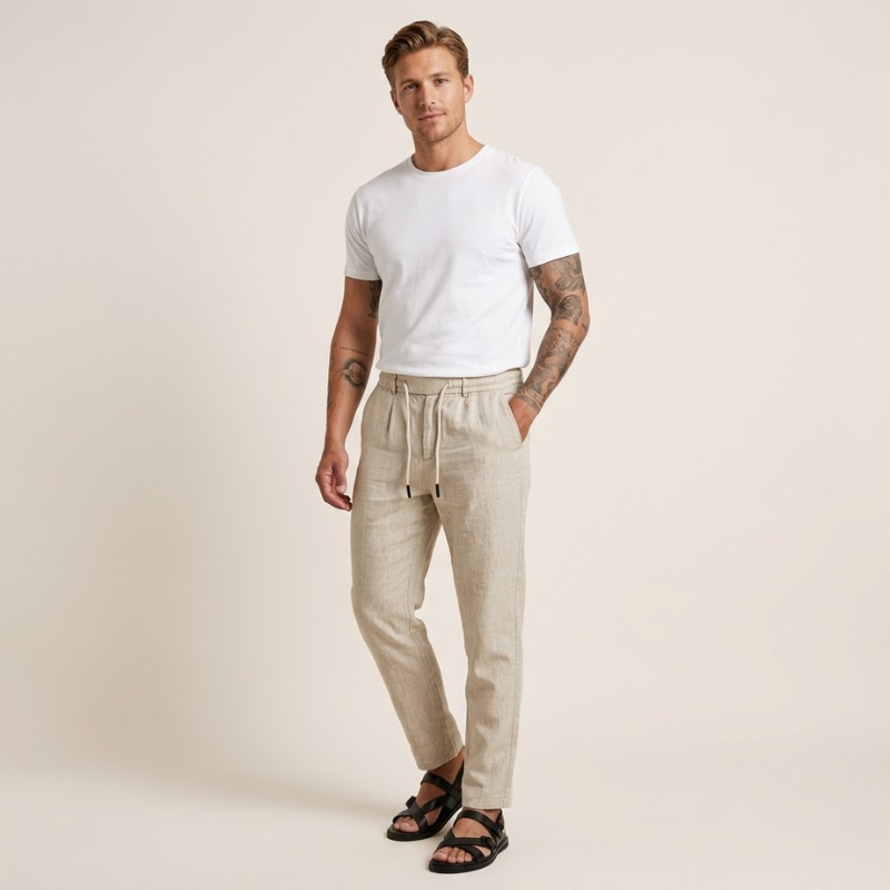 Men's tapered drawstring pants in a neutral earth tone with elastic waist